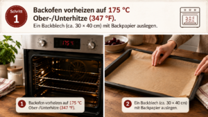 Backofen vorheizen auf 175 °C Ober-/Unterhitze (347 °F). Ein Backblech (ca. 30 × 40 cm) mit Backpapier auslegen.
