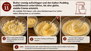 Butter cremig aufschlagen und den kalten Pudding esslöffelweise unterrühren, bis eine glatte, stabile Creme entsteht. Ein stabiler Rührbesen oder eine Küchenmaschine helfen dabei, Klümpchen zu vermeiden.