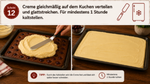 Creme gleichmäßig auf dem Kuchen verteilen und glattstreichen. Für mindestens 1 Stunde kaltstellen.