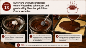 Kuvertüre und Kokosfett über einem Wasserbad schmelzen und gleichmäßig über der gekühlten Creme verteilen.