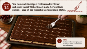 Vor dem vollständigen Erstarren der Glasur mit einer Gabel Wellenlinien in die Schokolade ziehen – das ist die typische Donauwellen-Optik.
