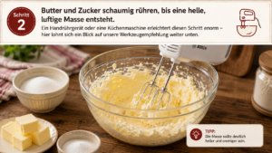 Butter und Zucker schaumig rühren, bis eine helle, luftige Masse entsteht. Ein Handrührgerät oder eine Küchenmaschine erleichtert diesen Schritt enorm – hier lohnt sich ein Blick auf unsere Werkzeugempfehlung weiter unten.