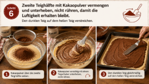 Zweite Teighälfte mit Kakaopulver vermengen und unterheben, nicht rühren, damit die Luftigkeit erhalten bleibt. Den dunklen Teig auf dem hellen Teig verstreichen.