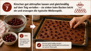 Kirschen gut abtropfen lassen und gleichmäßig auf dem Teig verteilen – sie sinken beim Backen leicht ein und erzeugen die typische Wellenoptik.