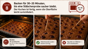 Backen für 30–35 Minuten, bis eine Stäbchenprobe sauber bleibt. Der Kuchen ist fertig, wenn die Oberfläche leicht zurückfedert.