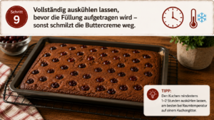 Vollständig auskühlen lassen, bevor die Füllung aufgetragen wird – sonst schmilzt die Buttercreme weg.