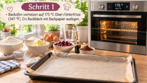 Schritt 1 – Backofen vorheizen auf 175 °C Ober-/Unterhitze (347 °F). Ein Backblech mit Backpapier auslegen.