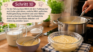 Schritt 10 – Für die Füllung etwas Milch mit dem Puddingpulver und Zucker glattrühren, restliche Milch aufkochen, Puddingmischung einrühren und unter Rühren einmal aufkochen lassen. Mit Frischhaltefolie direkt auf der Oberfläche abdecken und vollständig abkühlen lassen.