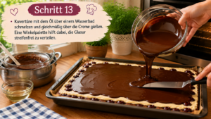 Schritt 13 – Kuvertüre mit dem Öl über einem Wasserbad schmelzen und gleichmäßig über die Creme gießen. Eine Winkelpalette hilft dabei, die Glasur streifenfrei zu verteilen.