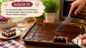 Schritt 14 – Vor dem Anschneiden 20 bis 30 Minuten fest werden lassen, dann mit einem heißen Messer in Stücke schneiden.