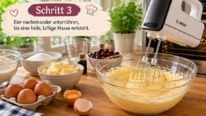  Schritt 3 – Eier nacheinander unterrühren, bis eine helle, luftige Masse entsteht.