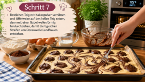 Schritt 7 – Restlichen Teig mit Kakaopulver verrühren und löffelweise auf den hellen Teig setzen, dann mit einer Gabel wellenförmig hindurchziehen, damit die typischen Streifen von Donauwelle Landfrauen entstehen.