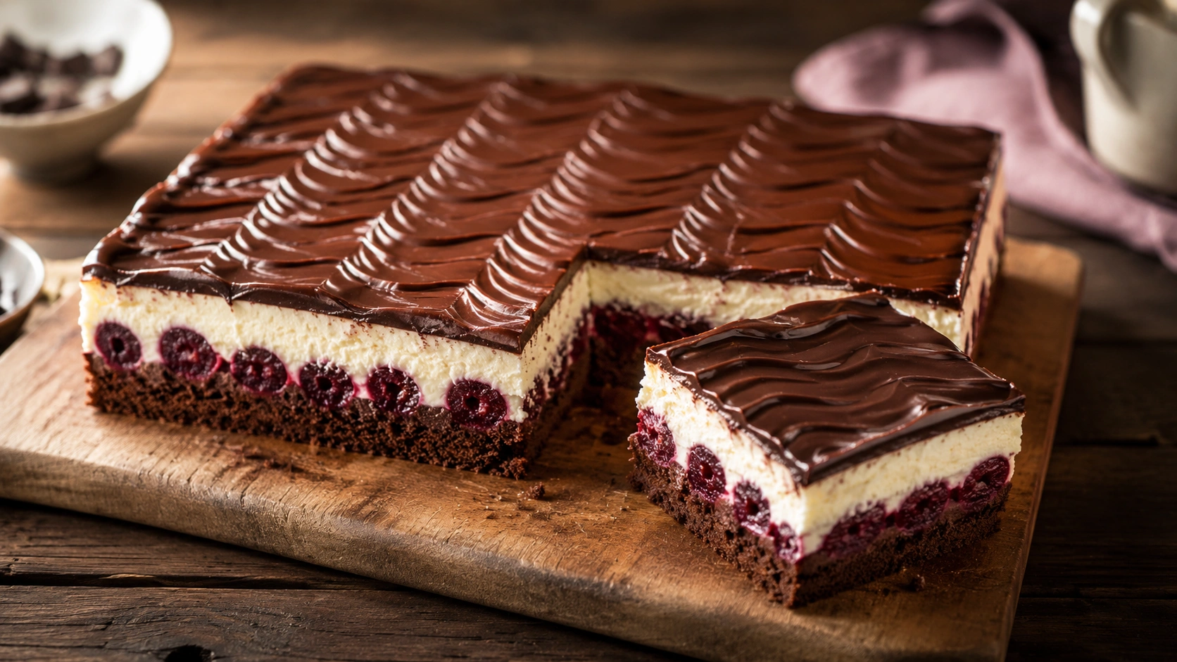Donauwellen-Rezept mit Schokoglasur und Buttercreme auf einem Holzbrett, frisch angeschnitten