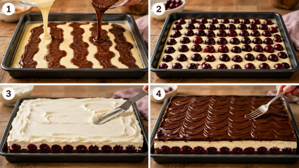 Schritt-für-Schritt-Collage zur Zubereitung einer klassischen Donauwelle mit Teig, Kirschen, Buttercreme und Schokoglasur