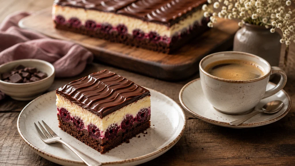 Serviervorschlag für eine frisch gebackene Donauwelle mit Schokoglasur, Buttercreme und einer Tasse Kaffee