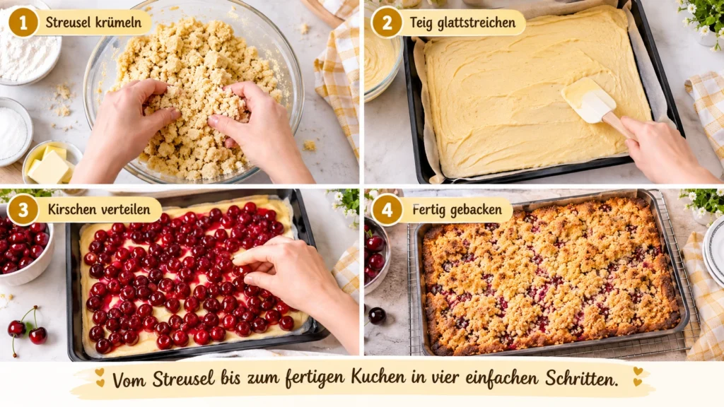 Vier Schritte zur Zubereitung eines Kirsch-Streuselkuchens mit Streuseln und Kirschen
