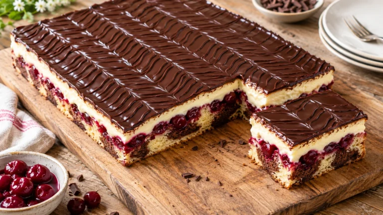Donauwellen-Blechkuchen mit welliger Schokoglasur auf einem Holzbrett