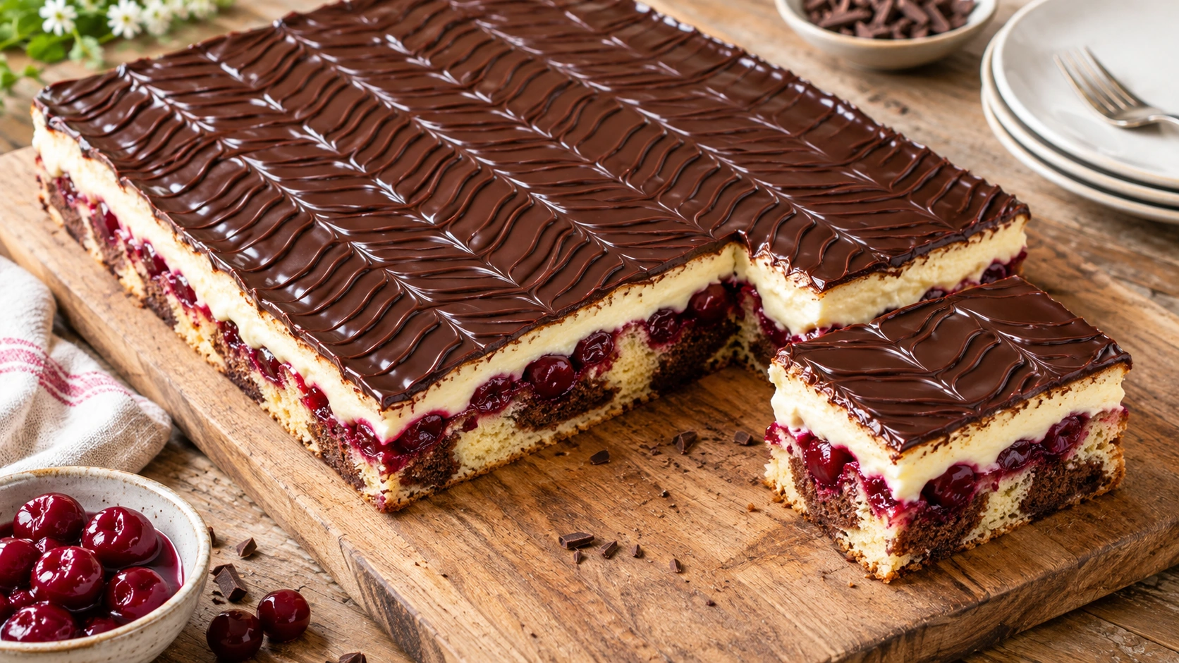 Donauwellen-Blechkuchen mit welliger Schokoglasur auf einem Holzbrett