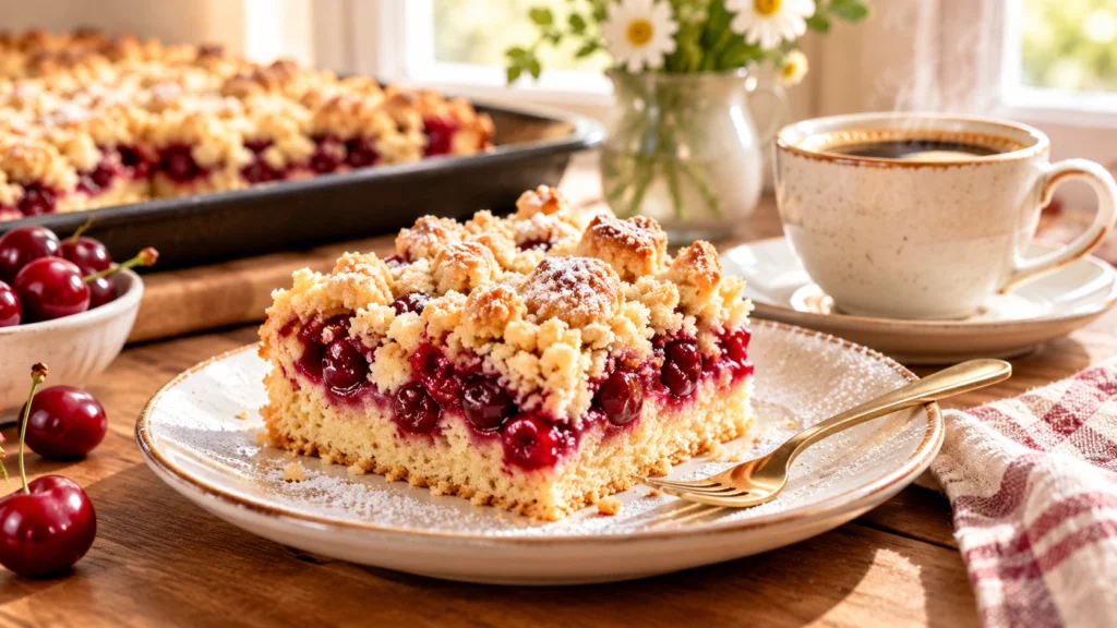 Kirsch-Streuselkuchen mit saftigen Kirschen und knusprigen Streuseln auf einem Teller