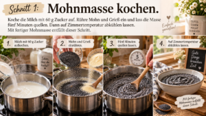 Schritt 1 – Mohnmasse kochen. Koche die Milch mit 60 g Zucker auf. Rühre Mohn und Grieß ein und lass die Masse fünf Minuten quellen. Dann auf Zimmertemperatur abkühlen lassen. Mit fertiger Mohnmasse entfällt dieser Schritt.