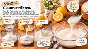 Schritt 10 – Glasur anrühren. Siebe den Puderzucker und rühre ihn mit drei Esslöffeln Zitronensaft glatt. Als Faustregel gilt: Auf 250 g Puderzucker kommen drei bis vier Esslöffel Zitronensaft. Die Glasur soll dickflüssig vom Löffel fallen.