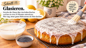 Schritt 11 – Glasieren. Streiche die Glasur über den kalten Kuchen und lass sie etwa 30 Minuten antrocknen. Wer mag, streut ganze Mohnsamen als Deko darüber.