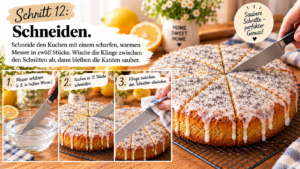  Schritt 12 – Schneiden. Schneide den Kuchen mit einem scharfen, warmen Messer in zwölf Stücke. Wische die Klinge zwischen den Schnitten ab, dann bleiben die Kanten sauber.