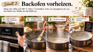 Schritt 2 – Backofen vorheizen. Heize den Ofen auf 180 °C Ober-/Unterhitze. Fette eine Springform (26 cm) mit Butter ein. Stäube sie mit Mehl aus.