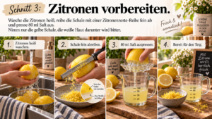 Schritt 3 – Zitronen vorbereiten. Wasche die Zitronen heiß, reibe die Schale mit einer Zitronenzester-Reibe fein ab und presse 80 ml Saft aus. Nimm nur die gelbe Schale, die weiße Haut darunter wird bitter.