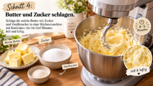 Schritt 4 – Butter und Zucker schlagen. Schlage die weiche Butter mit Zucker und Vanillezucker in einer Küchenmaschine mit Knethaken vier bis fünf Minuten hell und luftig.