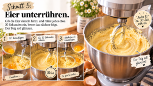 Schritt 5 – Eier unterrühren. Gib die Eier einzeln hinzu und rühre jedes etwa 30 Sekunden ein, bevor das nächste folgt. Der Teig soll glänzen.