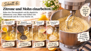 Schritt 6 – Zitrone und Mohn einarbeiten. Rühre den Zitronenabrieb und die abgekühlte Mohnmasse unter. Rühre zum Schluss den Zitronensaft und die Crème fraîche ein.