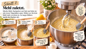 Schritt 7 – Mehl zuletzt. Mische Mehl, Backpulver und Salz und hebe sie mit einem Teigschaber unter. Rühre nur, bis kein Mehl mehr zu sehen ist. Zu langes Rühren macht den Kuchen zäh.