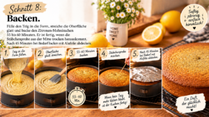 Schritt 8 – Backen. Fülle den Teig in die Springform 26 cm, streiche die Oberfläche glatt und backe den Zitronen-Mohnkuchen 55 bis 60 Minuten. Er ist fertig, wenn die Stäbchenprobe aus der Mitte trocken herauskommt. Nach 45 Minuten bei Bedarf locker mit Alufolie abdecken.
