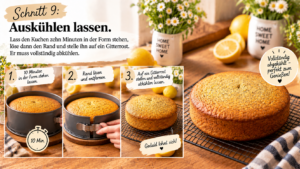 Schritt 9 – Auskühlen lassen. Lass den Kuchen zehn Minuten in der Form stehen, löse dann den Rand und stelle ihn auf einen Gitterrost. Er muss vollständig abkühlen.