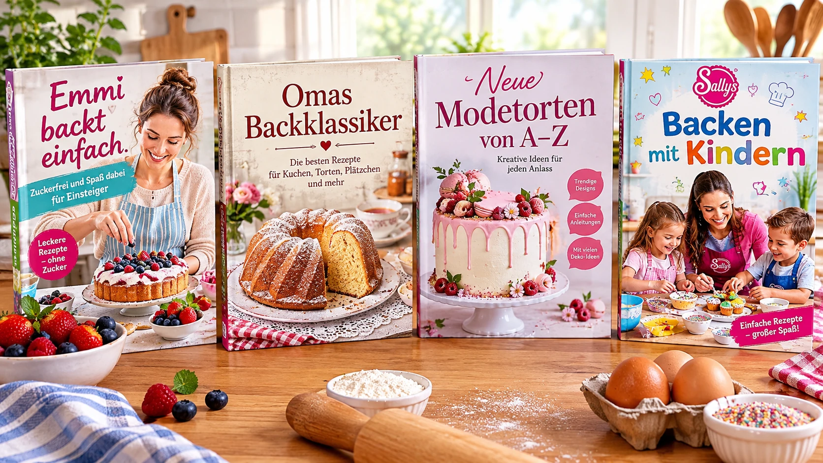 Verschiedene Backbücher: Emmi backt einfach, Zuckerfrei und Spaß dabei für Einsteiger, Omas Backklassiker, Neue Modetorten von A–Z und Sallys Backen mit Kindern