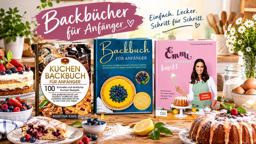 Backbücher für Anfänger und einfache Rezepte mit drei Backbüchern, Kuchen und frischen Backzutaten