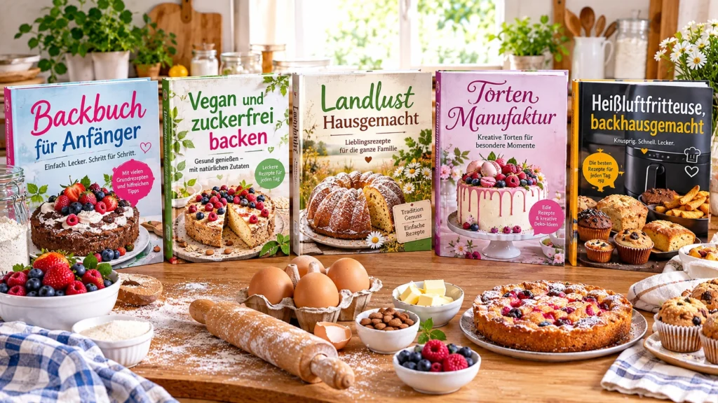 Backbücher für Anfänger mit verschiedenen Kuchen und Backzutaten in einer gemütlichen Küche