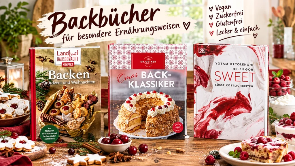 Backbücher für Advent, klassische Kuchen und süße Rezepte mit drei Backbüchern und festlichen Köstlichkeiten