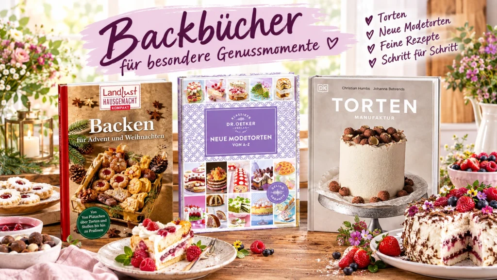 Backbücher für Torten und besondere Genussmomente mit festlichen Kuchen, Beeren und süßen Rezepten