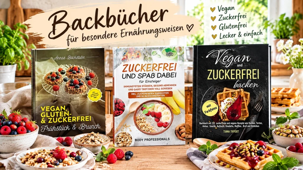 Backbücher zu veganen, zuckerfreien und glutenfreien Rezepten mit Waffeln, Beeren und gesunden Zutaten