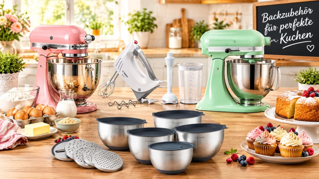 Backzubehör für Kuchen mit Küchenmaschinen, Handmixer, Rührschüsseln und weiteren Backutensilien.