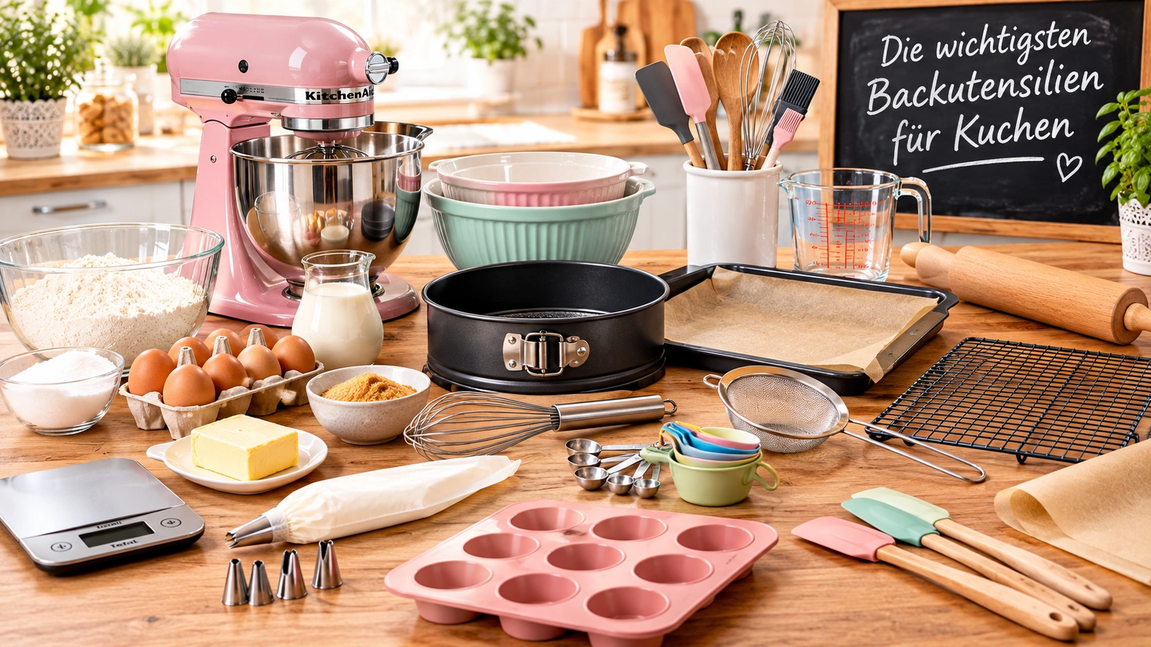Backzubehör für Kuchen mit Küchenmaschine, Rührschüsseln, Backformen, Schneebesen, Messbechern und weiteren Backutensilien