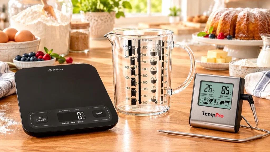 Backzubehör zum Messen und Abwiegen mit Küchenwaage, Messbecher und digitalem Küchenthermometer.