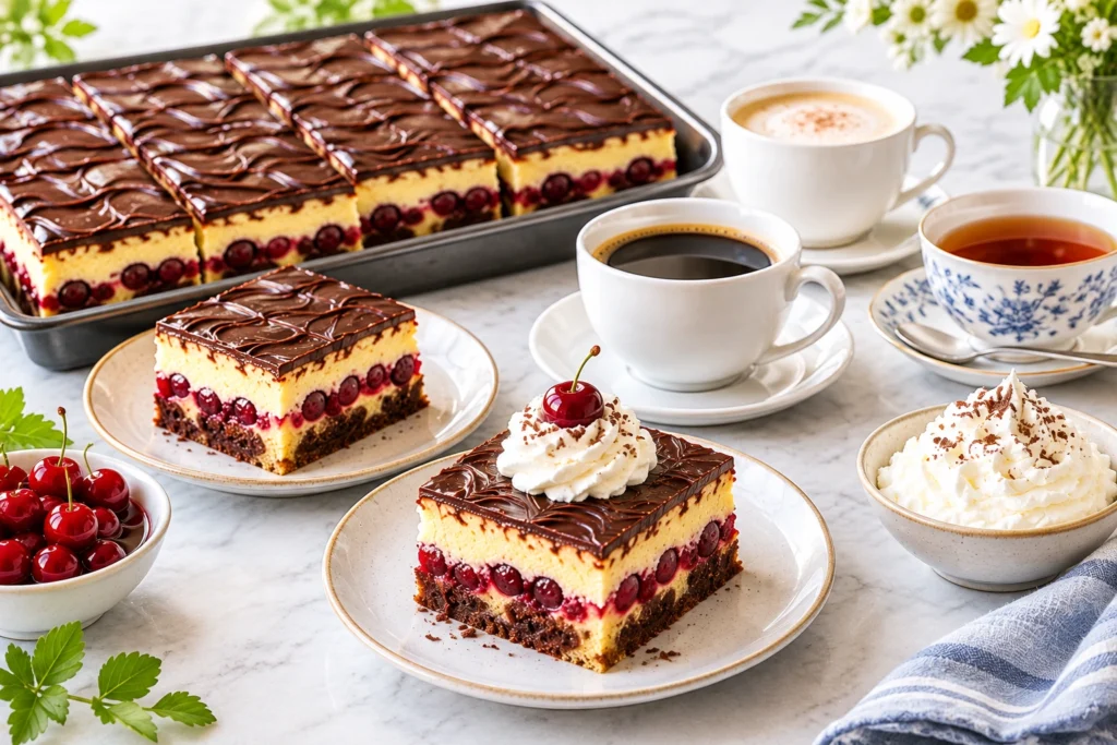 Donauwellen-Blechkuchen serviert mit Kaffee, Tee und Schlagsahne