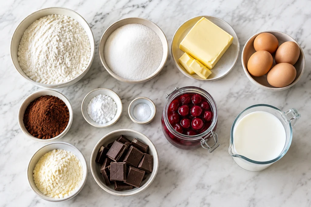Zutaten für Donauwellen-Blechkuchen als Flatlay auf Marmor