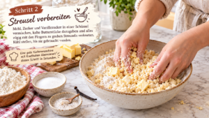 Streusel vorbereiten: Mehl, Zucker und Vanillezucker in einer Schüssel vermischen, kalte Butterstücke dazugeben und alles zügig mit den Fingern zu groben Streuseln verkneten. Kühl stellen, bis sie gebraucht werden. Eine gute Küchenmaschine mit Knethaken übernimmt diesen Schritt in Sekunden.