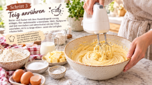 Teig anrühren: Butter und Zucker mit dem Handrührgerät cremig schlagen, Eier nacheinander unterrühren. Mehl, Backpulver und Salz vermischen und abwechselnd mit der Milch unterheben, nicht zu lange rühren, damit die Luftigkeit erhalten bleibt.