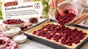 Kirschen vorbereiten: Entsteinte Kirschen mit Speisestärke und Zucker vermengen, damit die Füllung beim Backen nicht zu viel Flüssigkeit abgibt, und gleichmäßig auf dem Teig verteilen.