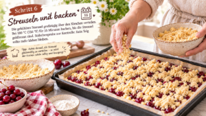Streuseln und backen: Die gekühlten Streusel großzügig über den Kirschen verteilen. Bei 180 °C (356 °F) für 35 Minuten backen, bis die Streusel goldbraun sind. Stäbchenprobe zur Kontrolle: Kein Teig sollte mehr kleben bleiben.